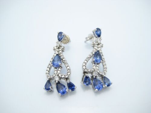 Pendientes colgantes con tachuelas de plata esterlina estilo Art Deco azul CZ - Imagen 1 de 6