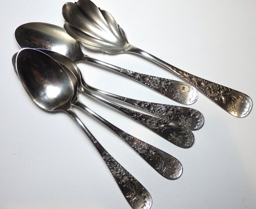 Antique Whiting Sterling LILY ENGRAVED Brightcut 5 Teaspoons & Sugar Shell Spoon - Picture 4 of 15