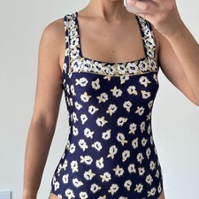Gottex Swimsuit Women 10 Navy Metallic Floral Coastal One Piece Modest VTG 70s