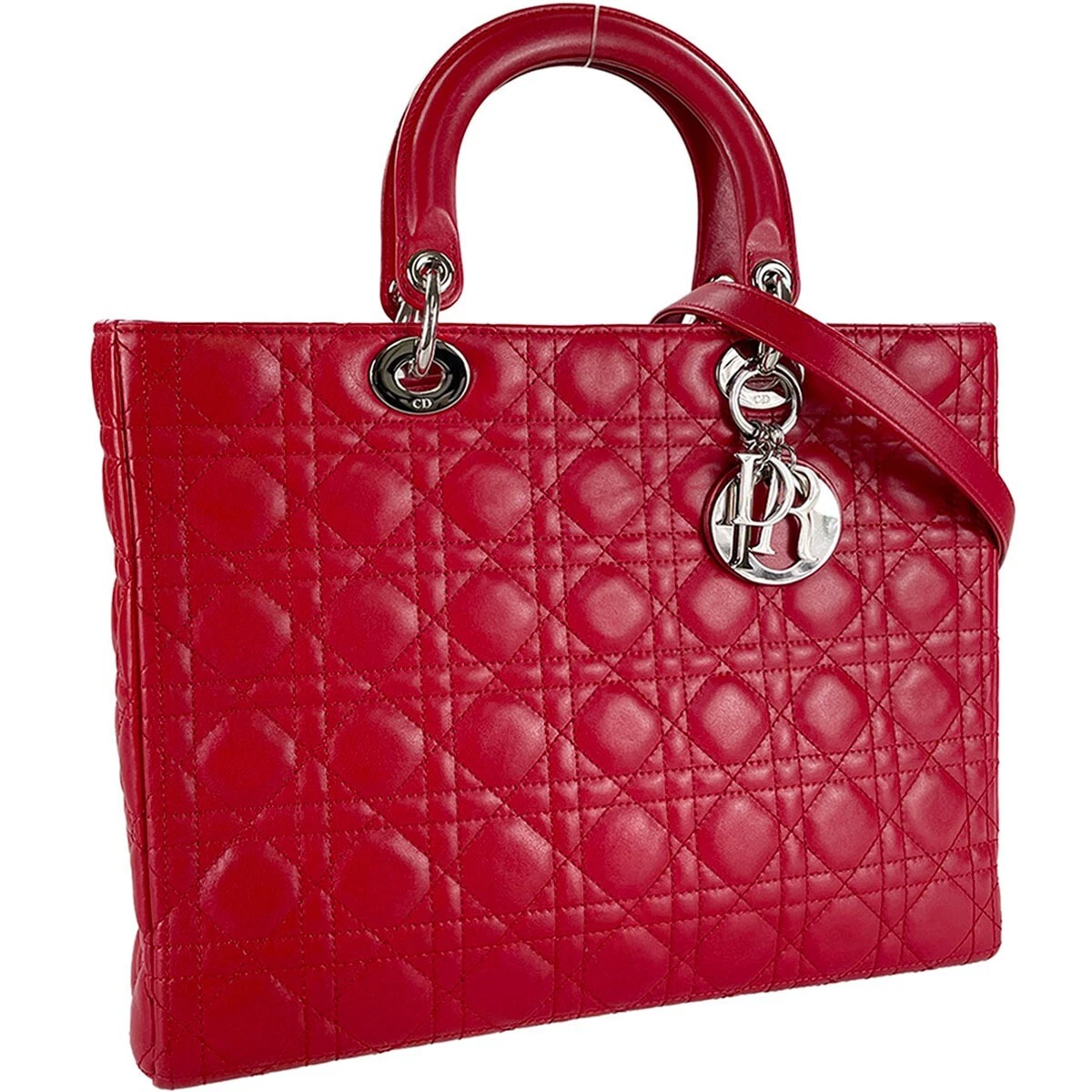 Sac à main Christian Dior Lady Dior logo breloque tissu peau d'agneau rouge 2 voies 1782