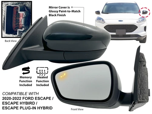 For 2020 - 2022 FORD ESCAPE Mirror BSD Memory Heated Glossy Cap Driver Left Side