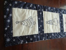 Hand Made Quilt Wall Hanging CHRISTMAS TREES Winter BLUE/WHITE Embroidery 10x43"
