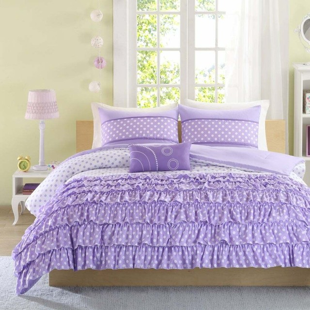 Teen Twin Comforter Set Purple White Girl Bedding Ruffle Polka Dot