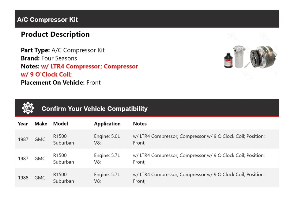 Kit de compresor de aire acondicionado delantero 4 estaciones GMC R1500 1987-1988 Suburban Foto 2 de 4