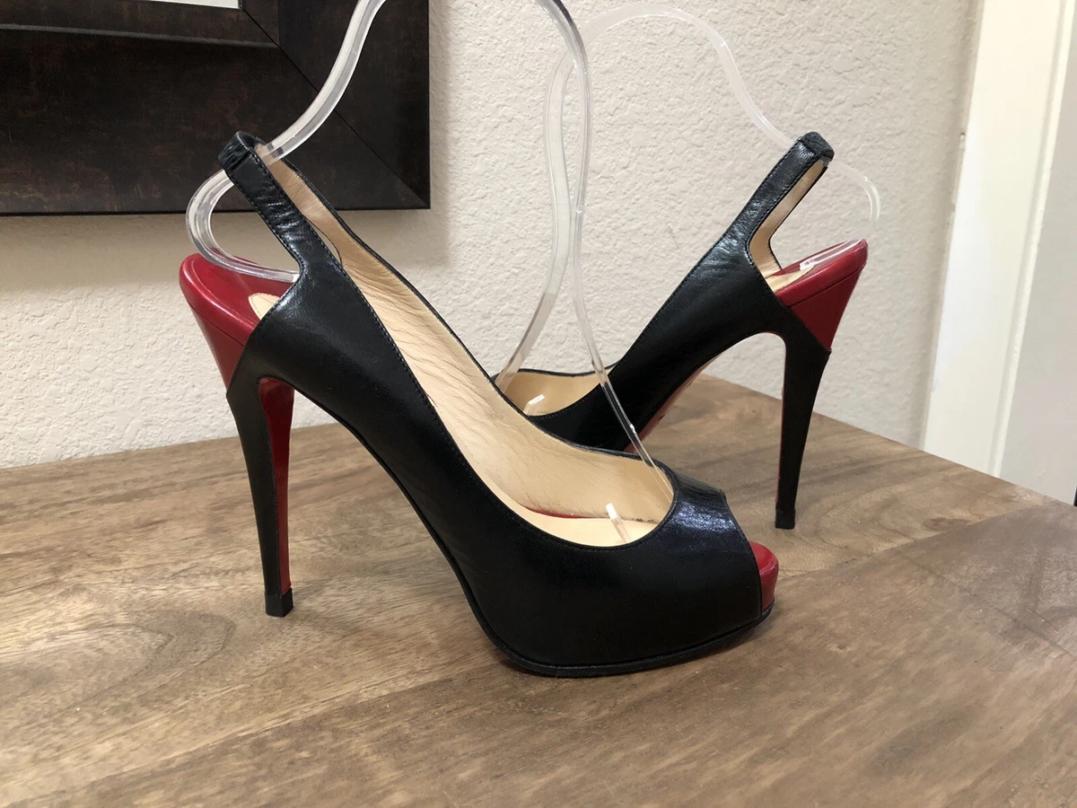 Christian Louboutin Prive Slingback Peep Toe Pumps Black Red EU Sz 36.5 US 6