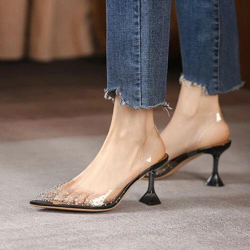 Damenschuhe durchsichtig Strass spitz zulaufend Riemen Pfennigabsatz Fersenriemen Pumps - Bild 4 von 19