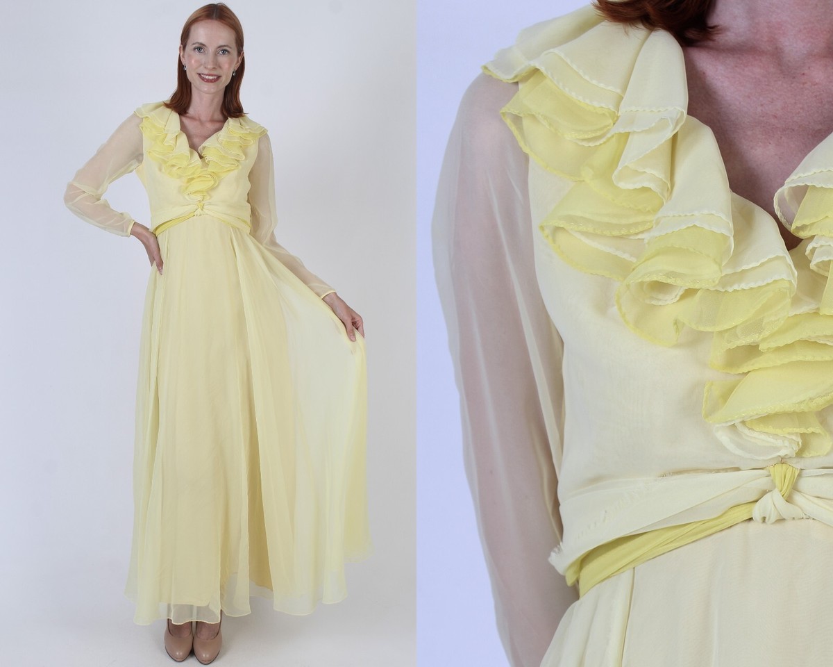 Vtg Miss Elliette Yellow Chiffon Party Dress Deep V Cocktail Party Maxi  Bride