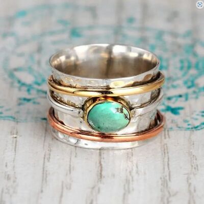 Handmade Hammered Oval Turquoise & Silver Mixed Metal Boho Wide Band Ring NEW