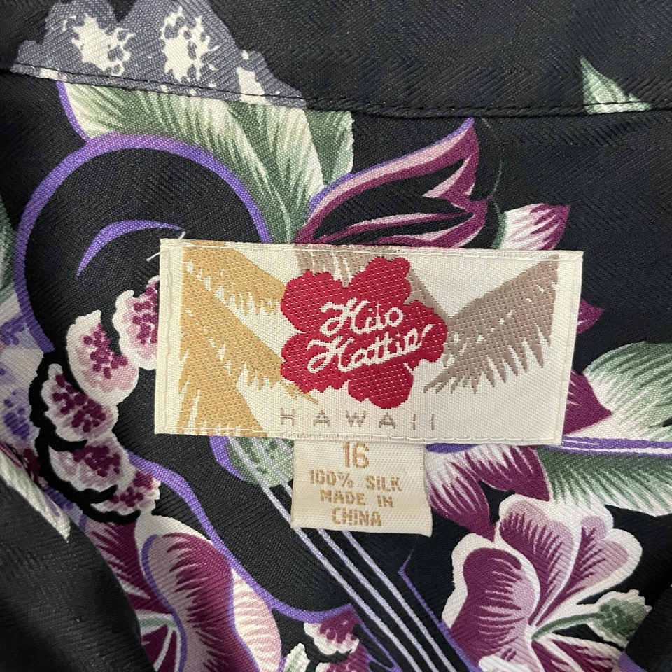 Camisa de seda Hilo Hattie para mujer 16 flores de campamento negras abotonadas Hawaii damas Foto 4 de 4