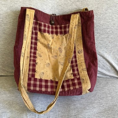 Honey & Me Inc Patchwork Tote Bag With Burgundy Plaid & Angel Print Pattern