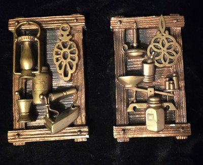 Vintage Pair Chalkware MCM Bronze Tone Hanging Plaques 3D Art Flat Rate Shipping