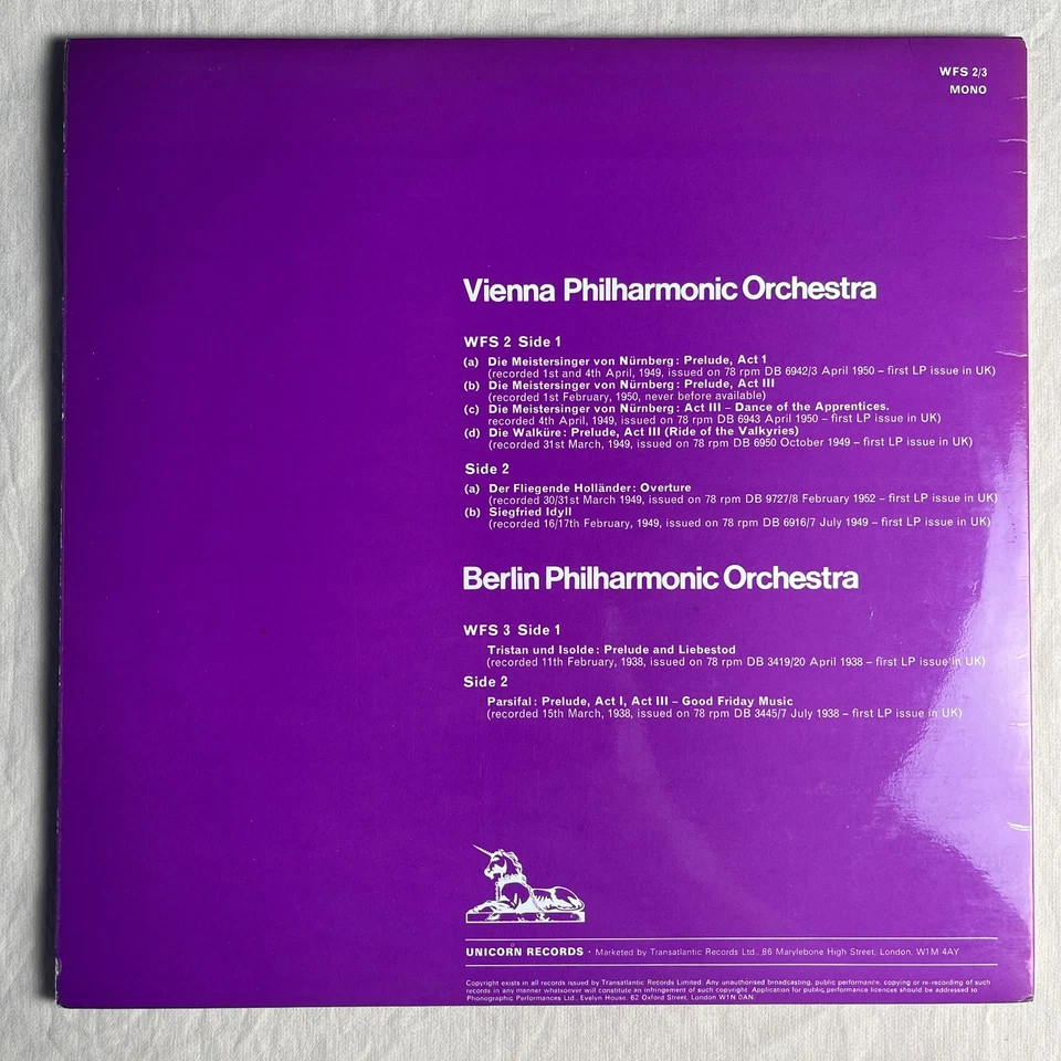 FURTWANGLER Conducts Wagner 1971 Import Vinyl 2xLP Unicorn WFS 2/3 - VG+ - Image 2 of 4