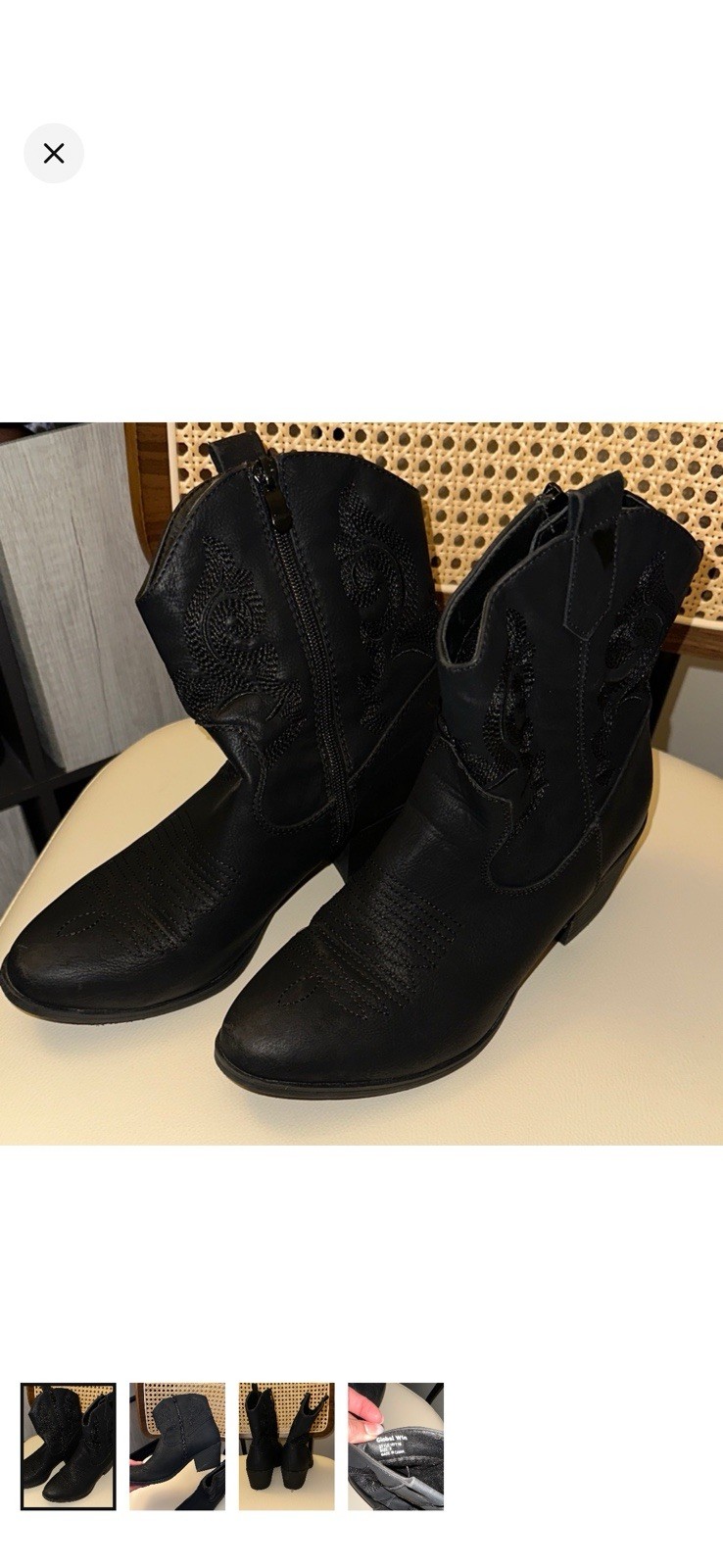 Global Win Black Embroidered Western Ankle Boots Zip Round Toe Women Size 8
