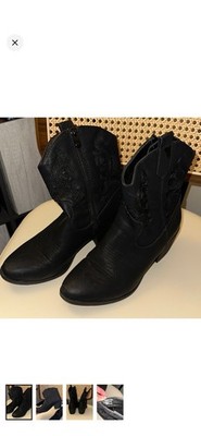 Global Win Black Embroidered Western Ankle Boots Zip Round Toe Women Size 8