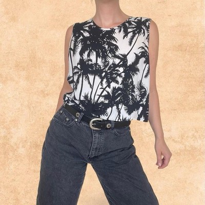 Three Eighty Two Sleeveless Blouse Tank Top Palm Tree Tropical Print Size S/M