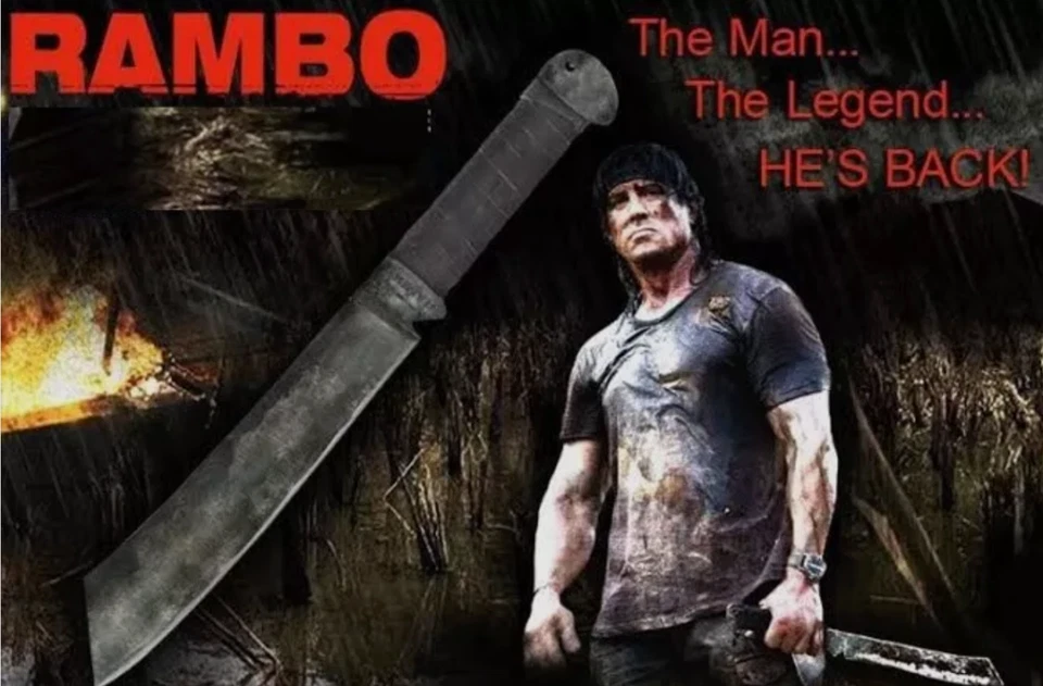 Cuchillo y funda de machete táctico de supervivencia de caza pesada Rambo IV hechos a mano. Foto 2 de 4