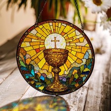 Holy Eucharist Chalice Sun Rays Suncatcher Stained Glass Window Decor Catholic