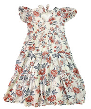 Lucky Brand White Floral Puff Sleeve Tiered Maxi Dress SZ Medium Ruffle Festival