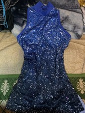 Balera Blue Sequin Halter Dance Dress Leotard Costume Keyhole Back RN 64830