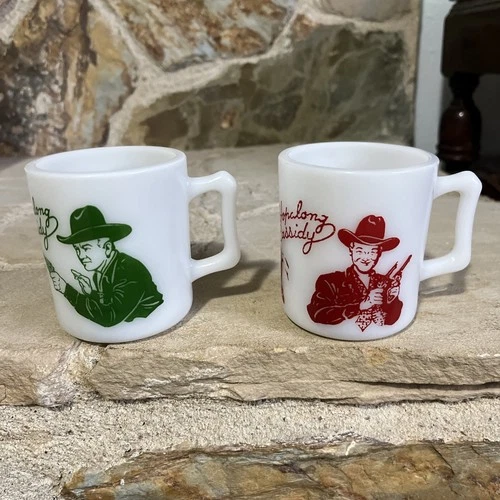 Hazel Atlas Milk Glass Hopalong Cassidy Two (2) Mugs Cups Red & Green Vintage