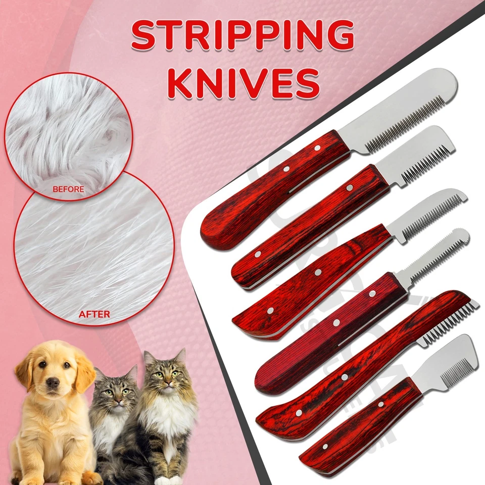 Juego de 6 piezas de pelado de abrigo de aseo de perros herramienta de pelado mango de madera (rojo adornado) Foto 3 de 4