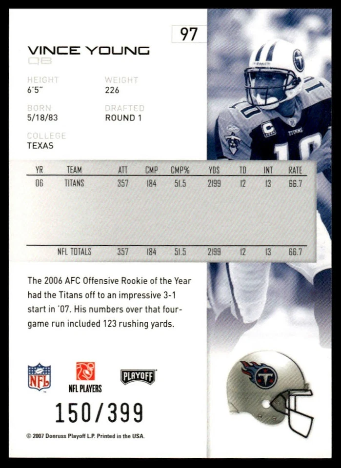 2007 Playoff NFL Playoffs #97 Vince Young Red Metalized #/399 - Image 2 of 2