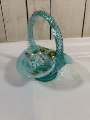 Fenton Robin's Egg Blue Opalescent Sunflowers Hand Painted Basket Signed