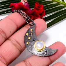 Milky Opal Crescent Moon 925 Sterling Silver Chain Pendant 18-22" Sku25