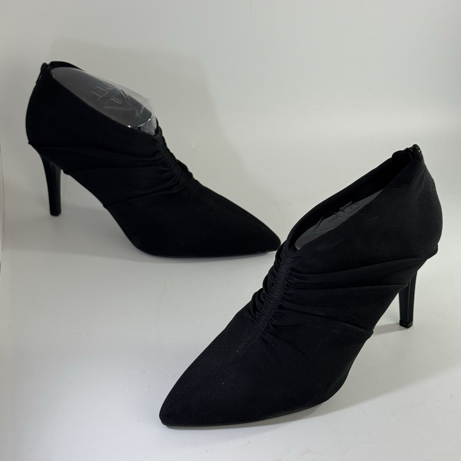Impo Stretch Black Ruched Pointed Toe Booties Heels Zip Back Women’s 10M