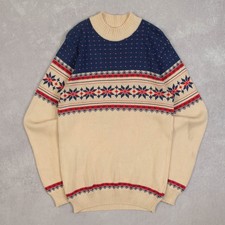 Vintage 90s Patterned Knitted Jumper S Cotton Men's Beige Sweater