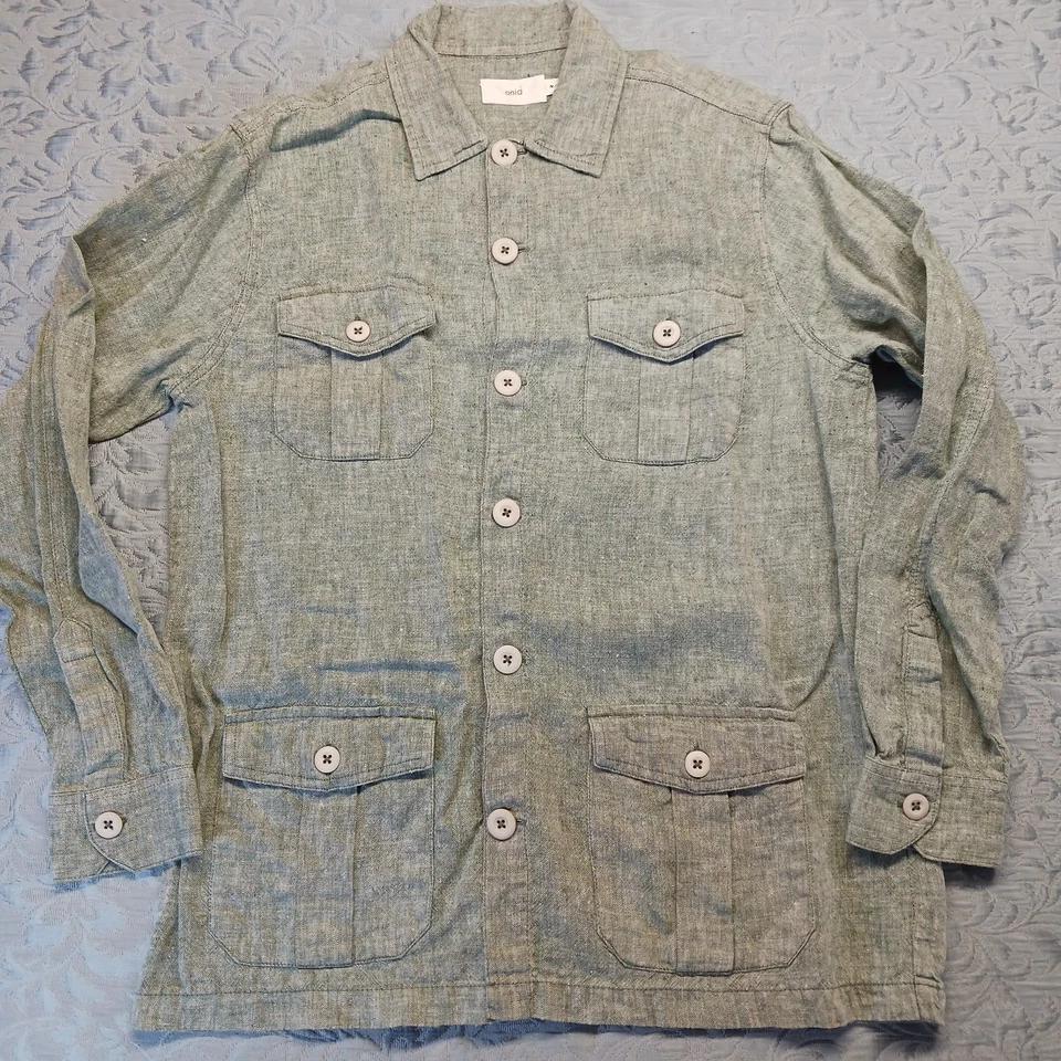 Onia 100% Lino Tareas Chaqueta Para Hombres M Verde Abotonada Chaqueta Sobrecamisa Foto 3 de 4