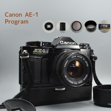 Canon AE-1 Program Black 35mm SLR Film Camera w/ 50mm f/1.8 NFD Tested Working