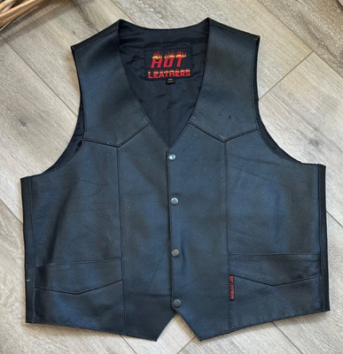 Hot Leathers Black Leather Vest Men's Size 2XL Snaps V Neck Biker Black