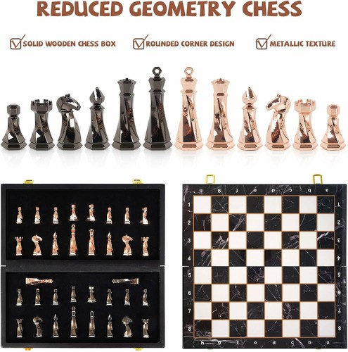 Elegant Metal Chess Set - 15" Marbled Wooden Board - Modern Metal Chess Pieces - Picture 5 of 6