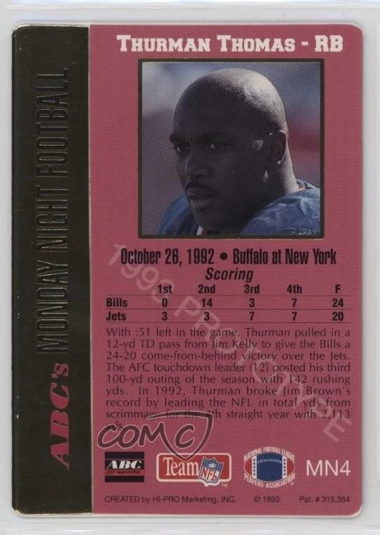 1993 Action Packed Monday Night Football Prototypes Thurman Thomas #MN4 HOF - Image 2 of 2