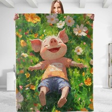 Pig Floral Blanket,Decorative Throw with Cute Cartoon Farm Animal and Flower ...