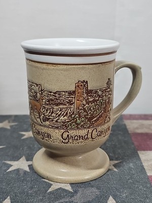 Roadside Pottery Grand Canyon Coffee Cup Mug Tan Embossed Raised  Pedestal Base
