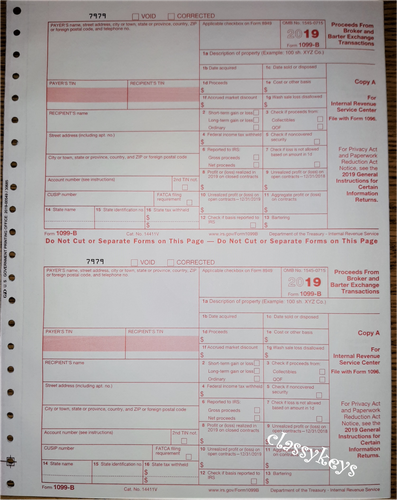2019 IRS Tax Form 1099-B single sheet set for 2 recipients, carbonless ...