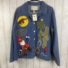 Nwt Tantrums Denim Jacket Embroidered Christmas Cactus Western Theme Holiday Xl
