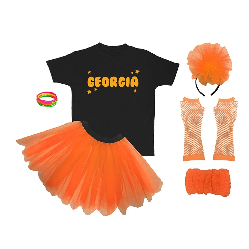 Kids 80s Fancy Dress  Neon Costume Personalise Set Girls 4 - 12 Years Glow Party - Image 4 of 4