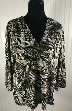 Chicos 3 Animal Print Cross Front Blouse 3/4 Sleeve Womens Size XL  Black Brown 