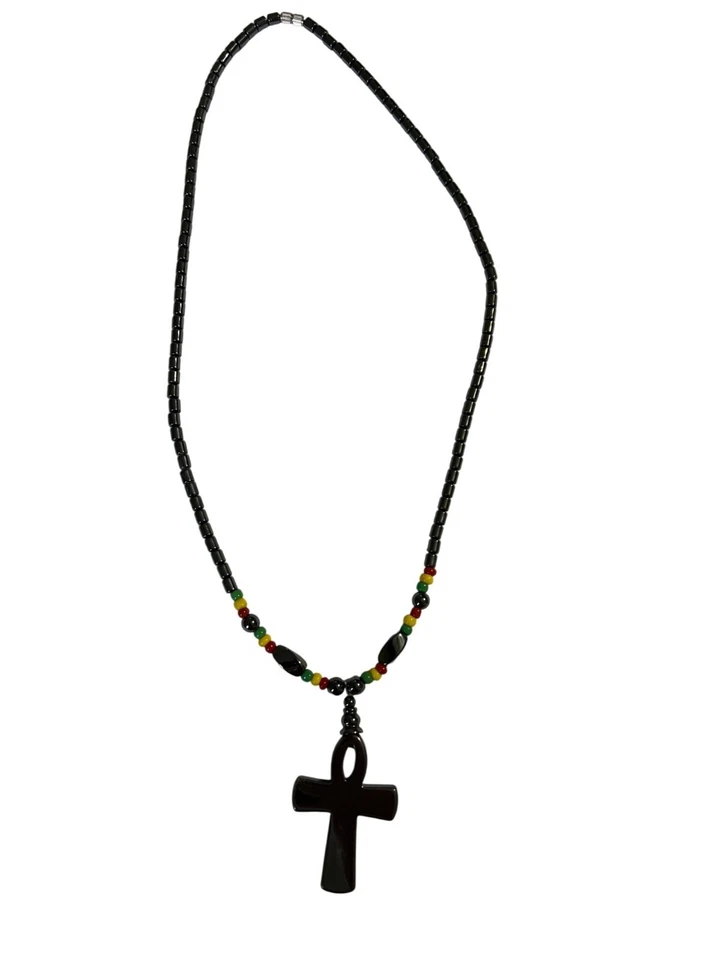Crioss Black Beaded Necklace With Ankh Pendant & Rasta-Inspired Beads Boho - Image 2 of 4