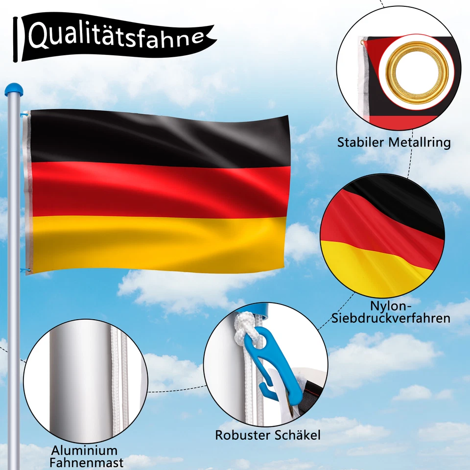 6,5m Fahnenmast Teleskop Fahnenstange inkl Deutschlandfahne Flaggenmast Mast Alu - Bild 3 von 4