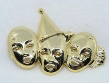 Vintage AJC Triple Clown Circus Goldtone Brooch Pin
