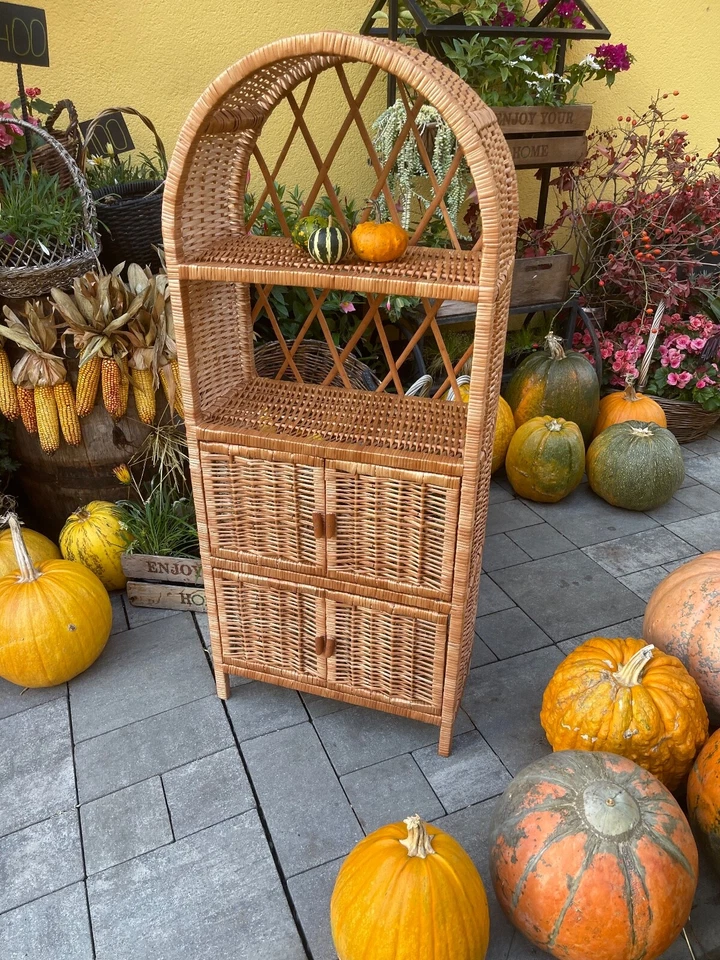 arched cabinet with doors wicker book shelf plant boho furniture bookcase - Image 3 of 4
