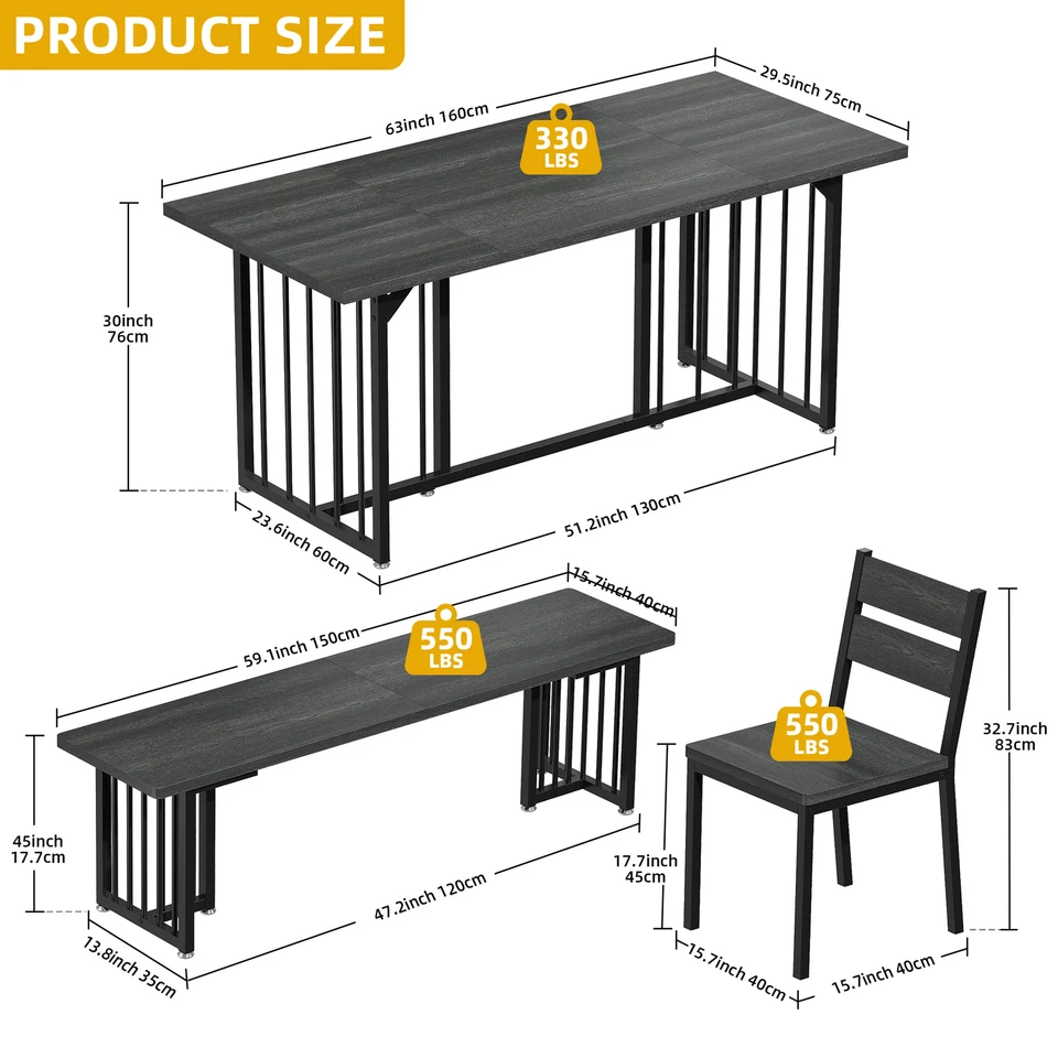 Juego de mesa de comedor de 6 piezas para 6-8 personas Mesa de cocina de 63" con bancos y 4 sillas Foto 2 de 4