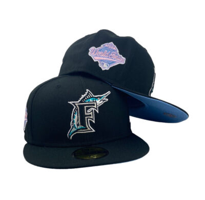 New Era Florida Marlins Pop Sweat 59FIFTY Fitted Hat 5950 MENS BLACK AQUA BEET