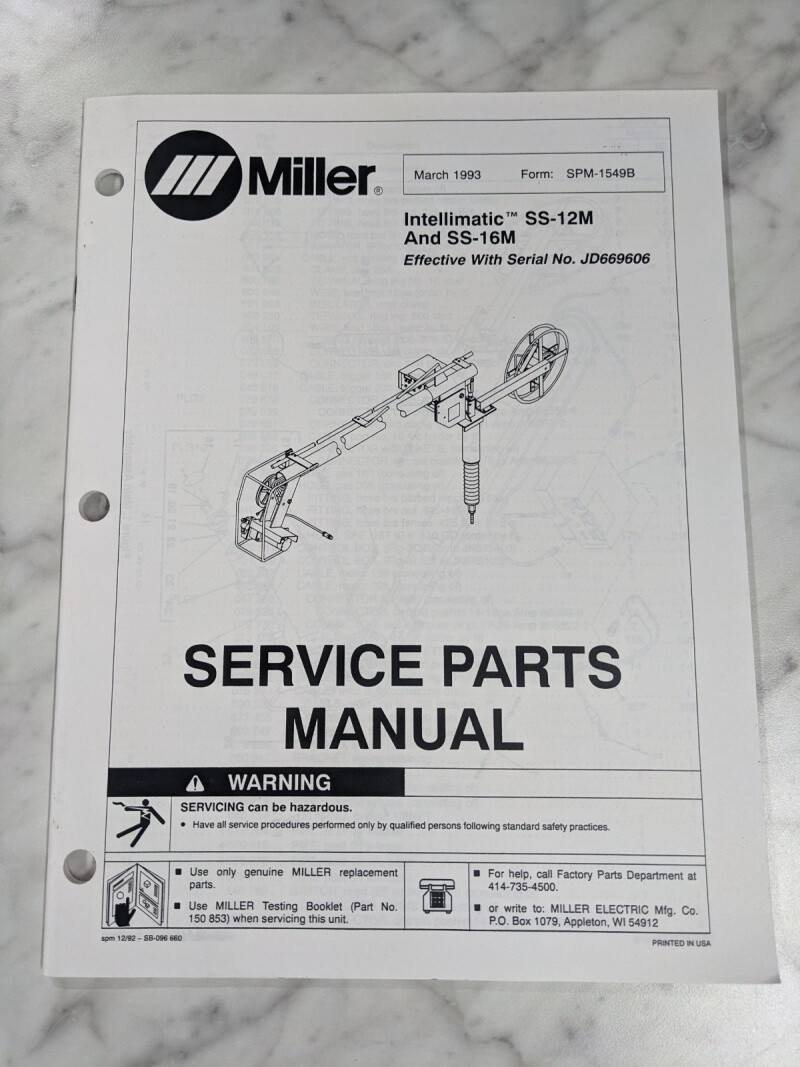 MILLER WELDER SERVICE PARTS MANUAL LIST CATALOG SS-12M SS-16M SPM-1549B 1993