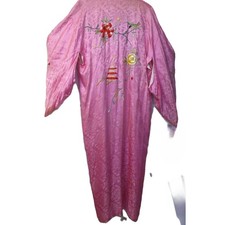 Vintage Japanese Pink Kimono Robe Embroidered Floral Boho 54" READ