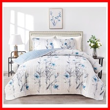 Botanical Blue Flower Quilt Set - Reversible Microfiber Comfort for All Seasons